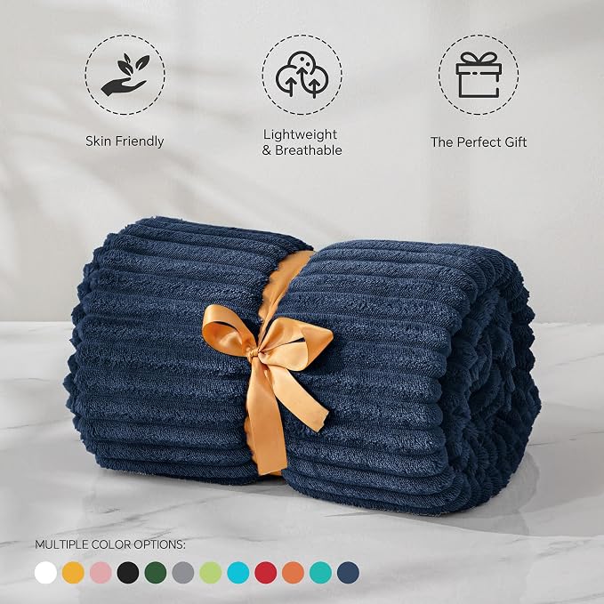 BEDELITE 3D Ribbed Jacquard Navy Fleece Twin Blanket for Bed, 60x80 Inch | Soft Warm Decorative Fluffy Blanket, Cozy Plush Lightweight Fuzzy Throw Blanket for Couch Sofa Room Decor, Gift for Women