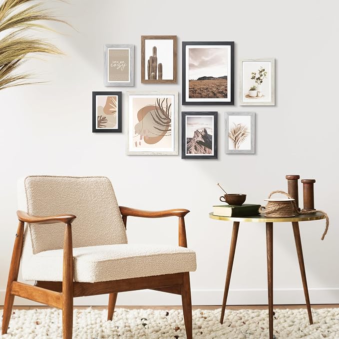 Gallery Wall Frame Set, 8 Pack Neutral Wall Decor, Multi-Color | Farmhouse Collage Picture Frames Wall Art for Living Room, Entryway, Stairway, Bedroom, Assorted Size