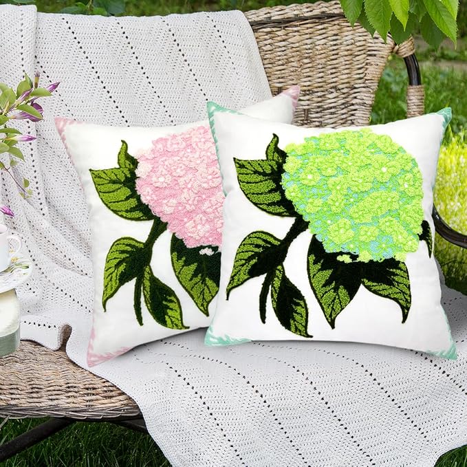 Alysheer Spring Hydrangea Embroidered Decorative Throw Pillow Covers 18"x 18" Set of 2, Summer Floral Tufted Patterned Green Cotton Cushion Cases for Couch Bed Living Room Decor