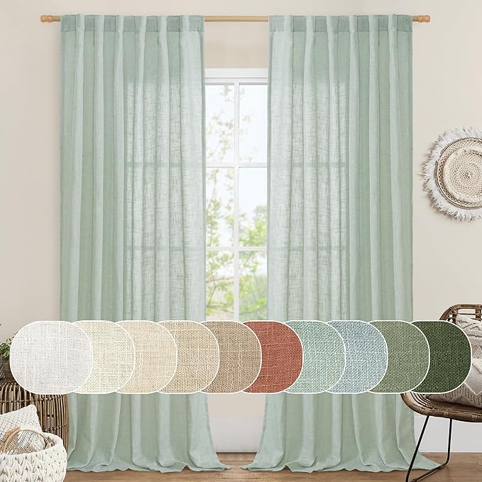 Living Room Linen Curtains 95 Inch for Bedroom, Semi Sheer Panels | Linen Textured, Light Filtering, Burlap Drapes for Farmhouse, Rod Pocket Back Tab, 2 Panels, 52 x 95 Inch, Light Sage
