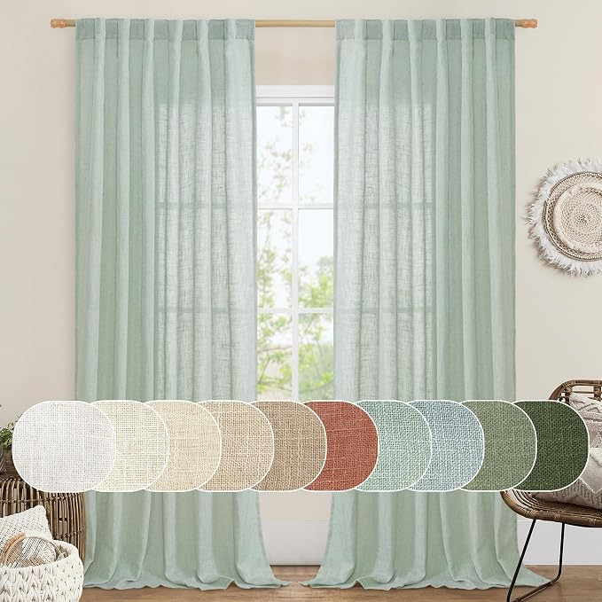 Light Sage Linen Sheer Curtains for Bedroom 84 Inches Long, 2 Panels | Faux Linen Textured, Light Filtering Drapes, Boho Panels for Farmhouse, Living Room, Rod Pocket Back Tab, 52 x 84 Inch