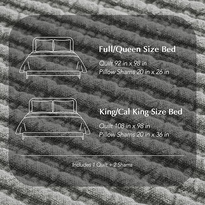 EVERGRACEHOME Cotton Ribbed Matelassé Coverlet Set, King Size, Fog Gray | Soft Lightweight Bedspread, 3 Pieces, Breathable Cozy Oversized Quilted Bedding Set for All Seasons, with 2 Pillow Shams