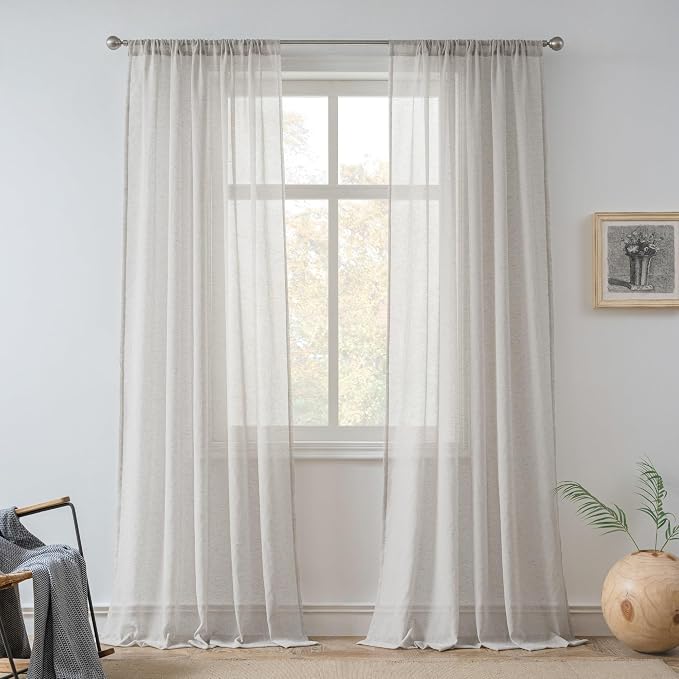 FMFUNCTEX Grey Linen Sheer Curtains, 84 Inches, 2 Panels for Bedroom | Semi Sheer Window Drapes, Flax Linen, Rod Pocket, Light Filtering, Farmhouse French, Kitchen, Privacy, for Living Room