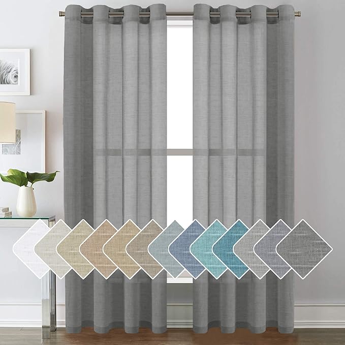 H.VERSAILTEX Linen Curtains Flax Linen Blended Curtain Panels for Living Room/Bedroom Semi Sheer Privacy Curtains 84 inch Length 2 Panels Set Nickel Grommet Window Drapes(Set of 2, Charcoal Grey)