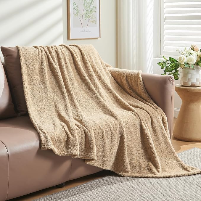 NEWCOSPLAY Knitted Throw Blanket for Couch Sofa Bed, Khaki, 90"x90" | Super Soft Plush, Fuzzy Fluffy Microfiber, Lightweight Cozy Blanket for Room Decor, All Season Use