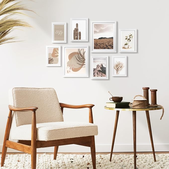 Gallery Wall Frame Set, 8 Pack Neutral Wall Decor, White, Small | Minimalist Collage Picture Frames Wall Art for Living Room, Entryway, Stairway, Bedroom, Assorted Size