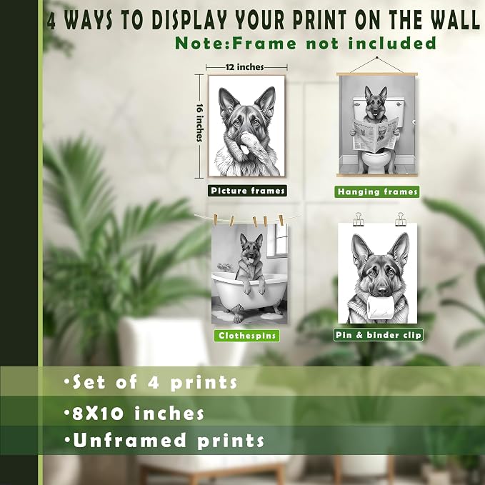 LUKIPOM Funny German Shepherd Bathroom Wall Art Prints 12x16 Set of 4, Funny German Shepherd Wall Art Posters for Washroom Restroom Decor, Dog Bathroom Decor, Unframed