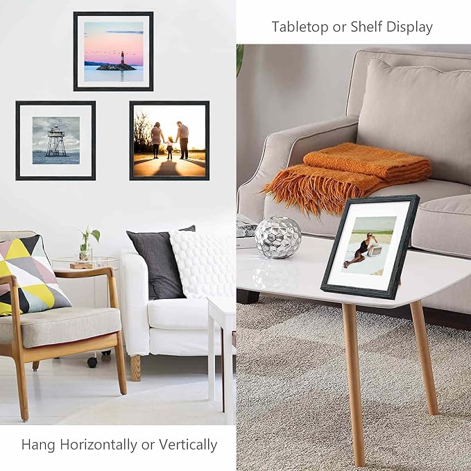 12x12 Picture Frame Set,Solid Wood,Not Glass,Display Pictures 8x8,10x10 with Mat or 12x12 Without Mat,Stable Sturdy Square Hanging Picture Frames for Wall Mounting or Tabletop (Black,12x12,Set of 2)