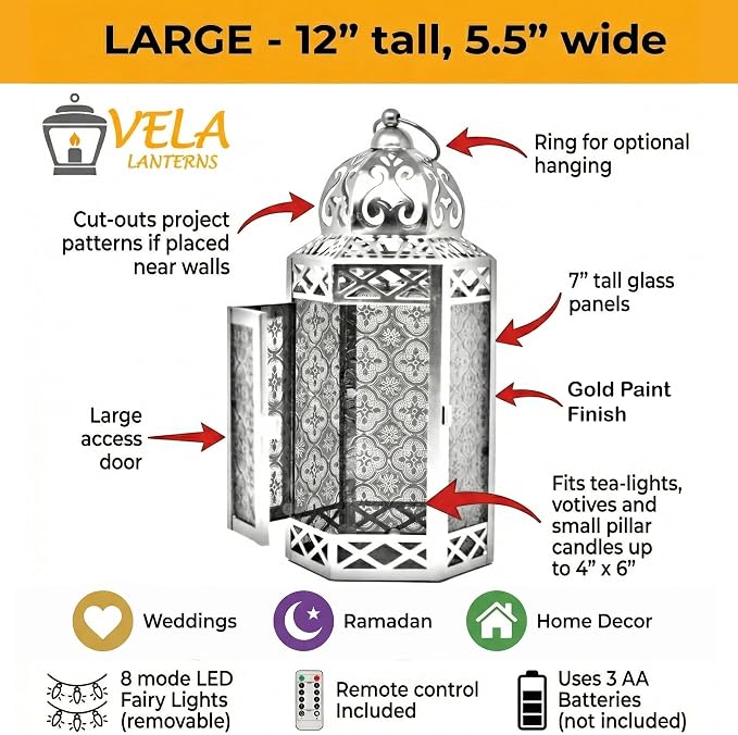 Vela Lanterns Decorative Indoor Fairy Light Ramadan Candle Holder, Gold, L | Turkish & Moroccan Decor, Eid Mubarak Decorations, Wedding Table Centerpieces, Metal Hanging Lamp, Porch Patio, 12" Tall