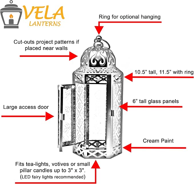 Vela Lanterns Decorative Indoor Moroccan Candle Holder, Cream, M | Wedding Lanterns, Ramadan Decorations, Ivory Shabby Chic Farmhouse Lamp, Votive Pillar Holder, Eid Tealight, 10.5in