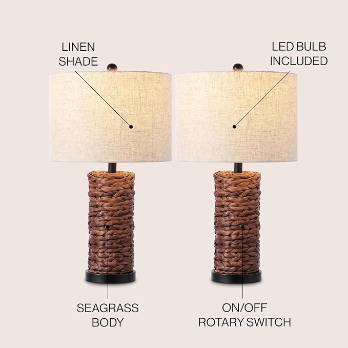 JONATHAN Y Elicia 25" Water Hyacinth Table Lamp, Dark Brown, Set of 2