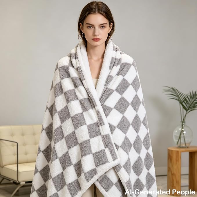 MERRYLIFE Checkered Plaid Sherpa Throw Blanket for Couch Bed Grey 60" 70" | Microfiber fabric, Decorative, Knitted, Checkerboard Grid Pattern, Ultra-Plush Soft, Fuzzy Cozy, Gift Choice, Machine Wash