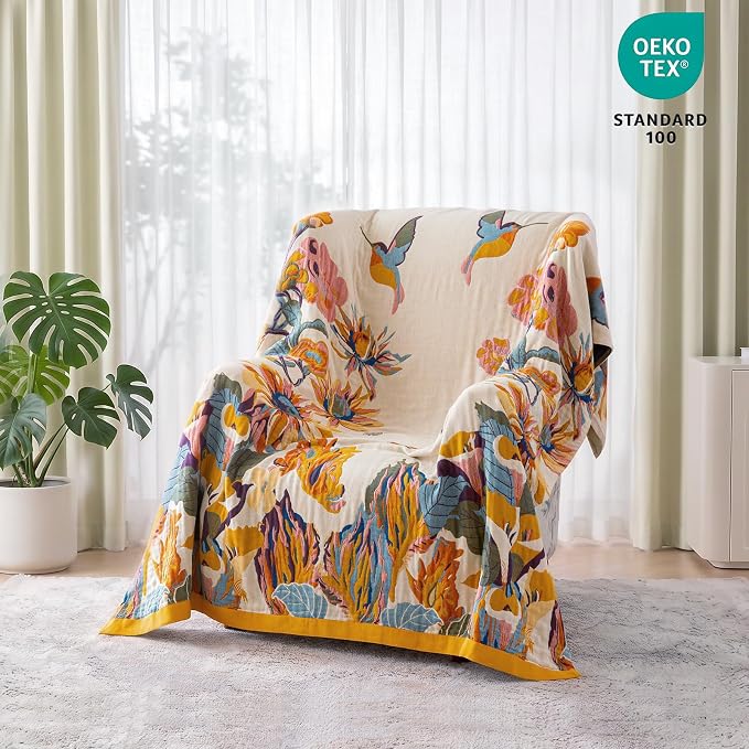 MSGKV Boho Throw Blanket 80"x90" 100% Cotton Muslin Floral Blanket for Bed | Cotton Floral Throw, Muslin Blanket, Summer Breathable, Travel Friendly, Lightweight Comfort, Home Decor, Machine Washable