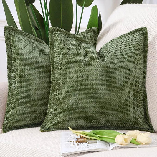 MADIZZ Decorative Chenille Velvet Throw Pillow Covers Set of 2 Soft Boho Textured Neutral Couch Throw Pillow for Bed Modern Farmhouse Home Decor for Sofa Livingroom Moss Green 24x24 Inch Euro Sham