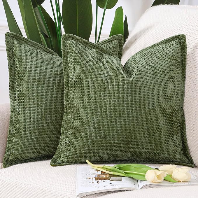 MADIZZ Decorative Chenille Velvet Throw Pillow Covers Set of 2 Soft Boho Textured Neutral Couch Throw Pillow for Bed Modern Farmhouse Home Decor for Sofa Livingroom Moss Green 18x18 Inch