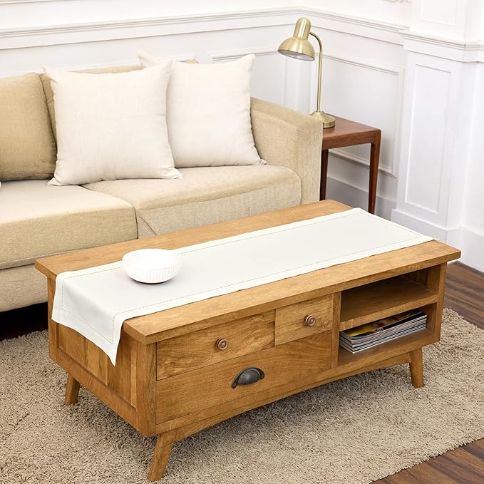 Solino Home 100% Pure Linen Dining Table Runner Ivory Hemstitch, 14 x 60 in | Classic Hemstitch, a graceful centrepiece for dining and gatherings, hemstitched border, mitered corners, OEKO-TEX Certified