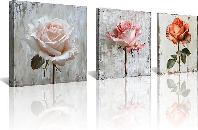 NAN Wind 3 Panel Rose Canvas Art with Distressed Wood Frame Vintage Botanical Wall Art for Farmhouse Decor Pink Orange Rose Gallery Wall Set Ready to Hang Floral Prints for Living Room Bedroom Kitchen