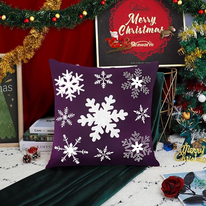 BRAWARM Christmas Pillow Cover 20 X 20 Inches, Purple Snowflake Embroidered Pillow Cover, Soft Velvet Decorative Throw Pillow for Couch Bed Sofa Living Room Home
