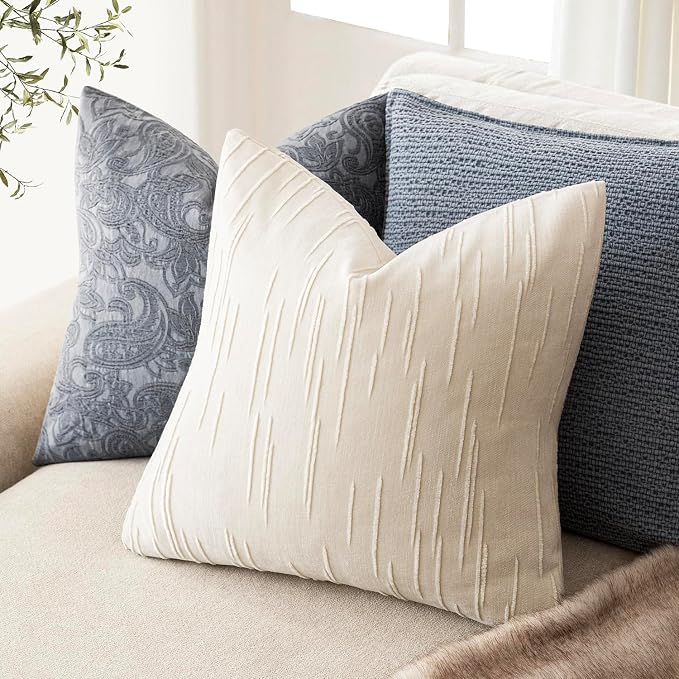 Foindtower Pack of 2 Slubby Textured Chenille Throw Decorative Pillow Covers Square Accent Solid Cushion Cover Cozy Farmhouse Pillow Case for Couch Sofa Bedroom Living Room 18x18 Inch,Cream White