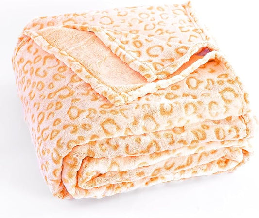 PLEASANT BOULEVARD | Leopard Throw Blanket Fleece, Premium Lightweight Cozy Warm Plush Microfiber Bedspread for Couch Sofa and Bed (Orange, Throw (50 x 60 inches))