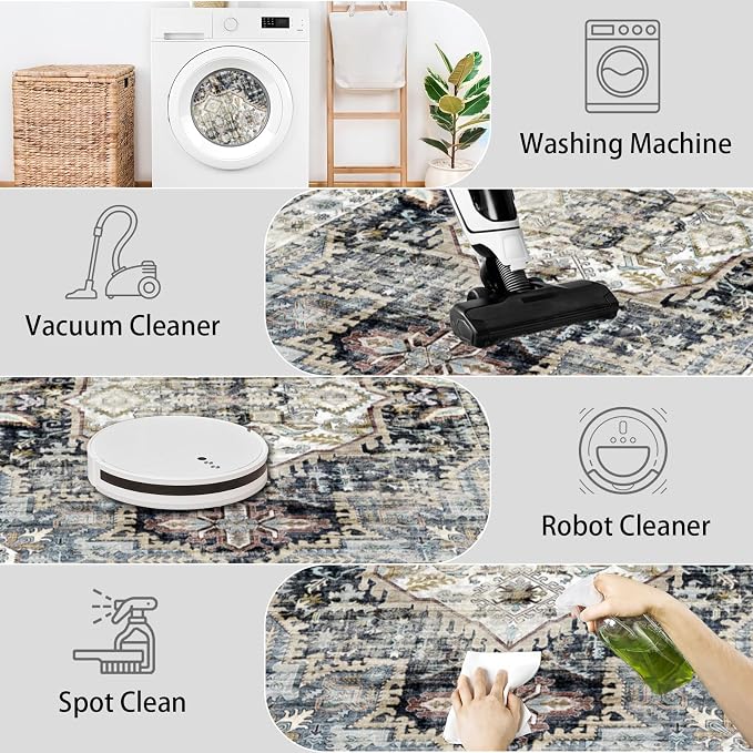 AooHHooA 5x7 Area Rugs Light Blue Boho Living Room Rug, Low Pile Non-Slip Washable Rugs for Living Room 5x7 Vintage Blue Rugs for Bedroom