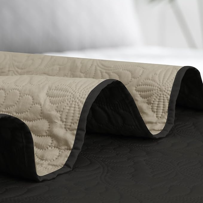 Easy-Going Reversible Quilt Set Twin, Bedspread with 1 Shams | Olive leaf-Black/Beige, Lightweight Bed Comforter, 1 Quilt + 1 Pillow Shams, All-Season Coverlets for Bedroom