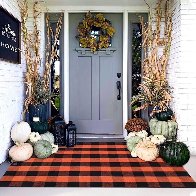 Orange and Black Plaid Rug, 4' x 6' Fall Outdoor Front Door Decor Mat, Cotton Washable Hand-Woven Rug for Layered Doormat, Autumn Halloween Thanksgiving Carpet for Porch, Entryway