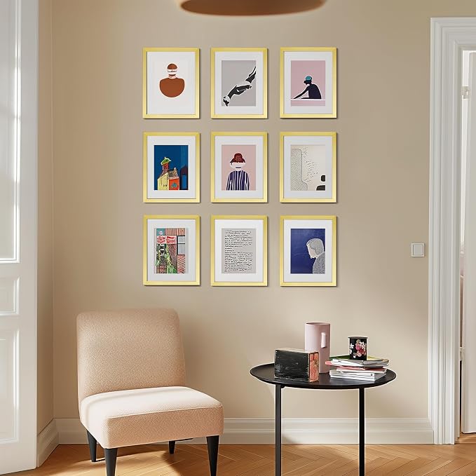 eletecpro Picture Frames Set of 9, 11x14 in, Acrylic Cover, Gold | Display Photo 8x10 with Mat or 11x14 without, Classic Gallery Collage, Wall Mount, Minimalist Home Decor, Engineered Wood