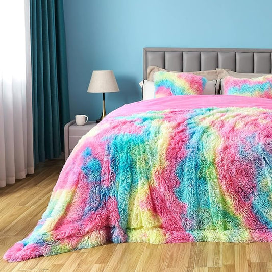 GONAAP Fuzzy Faux Fur Queen Blanket for Couch, Dark Rainbow, 90"x90" | Warm Cozy Plush Shaggy Decorative Reversible Thick Non-Heated Fleece Blanket for Sofa Bed, Gift for Women Men, All Season Use