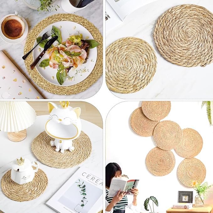 Woven Placemats Set of 4,12 Inch Medium Size Rattan Placemats Wicker Place MatsNatural Farmhouse Jute Braided Table Runnerfor Kitchen Countertops Medium Size Please Choose Carefully