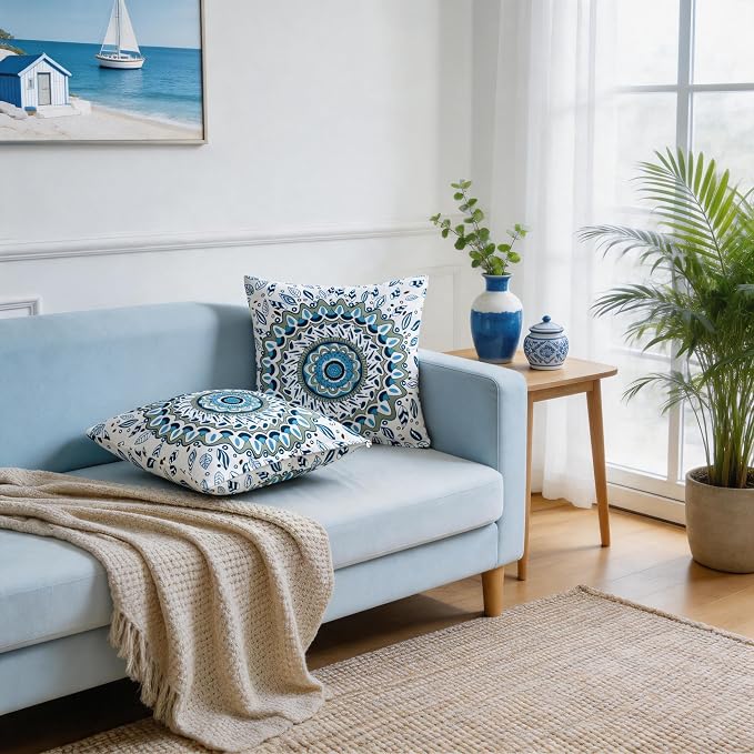 Boho Throw Pillow Covers 18x18 Set of 2 Blue Mandala Decorative Cushion Covers with Hidden Zipper Soft Polyester Double Sided Machine Washable