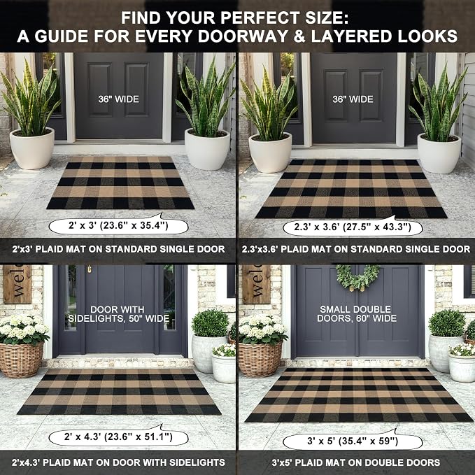 LEEVAN Buffalo Plaid Outdoor Door Mat, Washable Checkered Layering Rug | Small 2x4.3 Black and Tan Rustic Check Entryway Doormat, Hand Woven Cotton Welcome Rug for Front Porch Kitchen Patio Bathroom