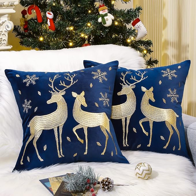 Lewondr Christmas Throw Pillow Cover, Gold Deer Snowflake, 20"x20", 2 Pack | Navy Blue, Soft Velvet, Embroidery Decorative, Luxurious Sofa Cushion Cover, Home Christmas Decoration