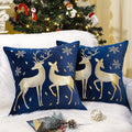 Lewondr Christmas Throw Pillow Cover, Gold Deer Snowflake, 20"x20", 2 Pack | Navy Blue, Soft Velvet, Embroidery Decorative, Luxurious Sofa Cushion Cover, Home Christmas Decoration