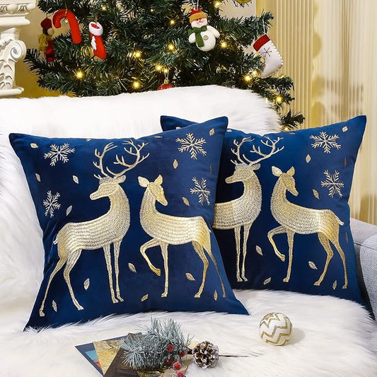 Lewondr Christmas Throw Pillow Cover, Gold Deer Snowflake, 20"x20", 2 Pack | Navy Blue, Soft Velvet, Embroidery Decorative, Luxurious Sofa Cushion Cover, Home Christmas Decoration