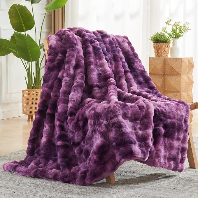 NEWCOSPLAY Faux Fur Bubble Twin Blanket for Couch, Tie-Dye Purple, 60"x80" | Fluffy Soft Thick Warm Bubble Blanket for Couch Sofa Bed 700GSM, Plush Cozy Luxury Decorative Throw, Gift for Women Men