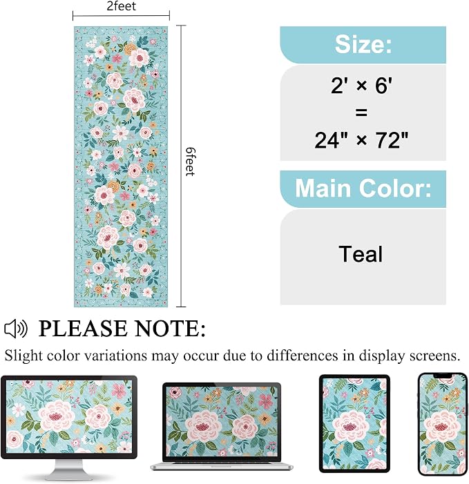 DUKINO 2x6 Runner Rug for Hallway, Washable Kitchen Rugs Non Slip, Teal | Low Pile, Soft, Floral Indoor Rug for Entryway, Bedroom, Laundry, Bathroom, Pet Friendly, Lightweight, Modern Home Decor