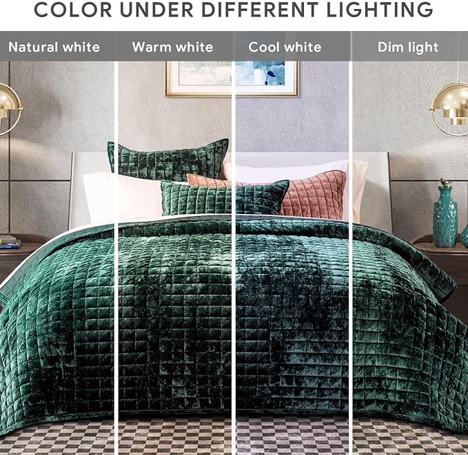 RECYCO Channel Box Stitch Velvet Quilt Set, King Size, Emerald Green | Ultra Soft Lightweight Velvet Comforter, Luxury Oversized Bedspread Coverlet, Quilted Bedding Set for All Season with 2 Shams