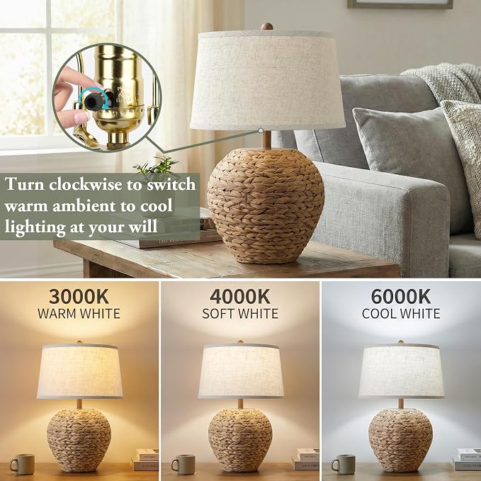 TOBUSA 25’’ Rattan Table Lamp for Living Room, Coastal Boho Wicker Lamp with 3 Color Temperatures, Farmhouse Rustic Seagrass Woven Basket Lamp for Bedroom Nightstand End Table Cottage, Bulb Included