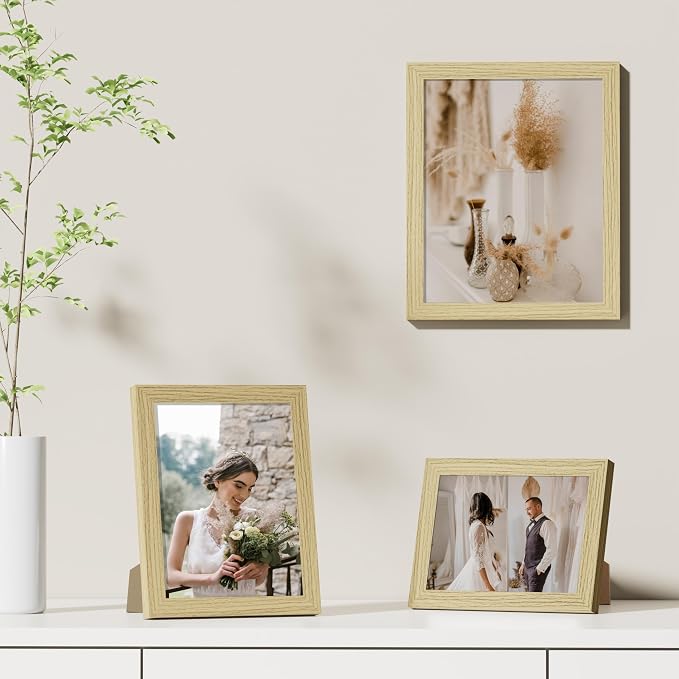 Vittanly 5x7 Picture Frames Set of 9 for Wall or Tabletop Display, OAK | Display Pictures 4x6 with Mat or 5x7 without Mat, Small Photo Frames, Engineered Wood with Shatter Resistant Plexiglass