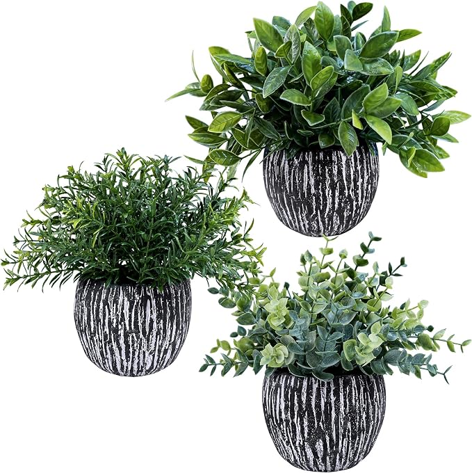 Winlyn Set of 3 Artificial Potted Plants Faux Eucalyptus Rosemary Boxwood Greenery in Black & White Concrete Pots Small Fake Plant for Indoor Outdoor Home Office Table Shelf Windowsill Greens Décor