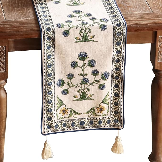 Patdrea Designer Elegant French Linen Table Runner,12"X102"-Ivar B | Vintage Tablerunner 102 Inches Long,Floral Pattern with Tassel Edge,Decorative Runner for Dining Room Living Room