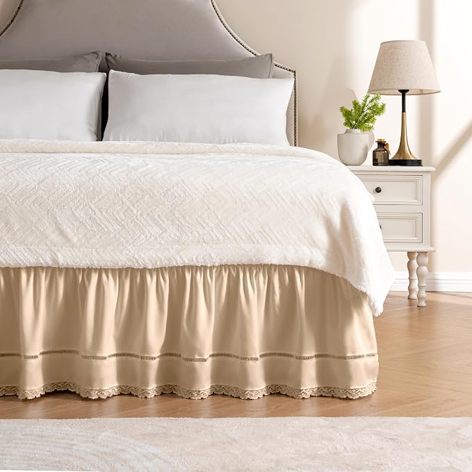 MIYE Wrap Around Ruffled Lace Bed Skirt, Elastic Dust Ruffle with Adjustable Belts, Easy to Put On, Bed Frame Cover, Machine Washable (Floral Lace/Beige, Full/Twin-18 Drop)