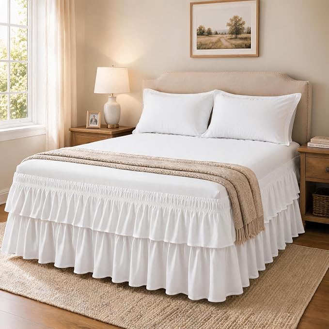 Vocander White Queen Bed Skirt 18 Inch Drop, Double Layer Dust Ruffle | Hides Storage, Double Layer Ruffle, Elastic Stays Put, Soft Fabric, Machine Washable, Elegant Look