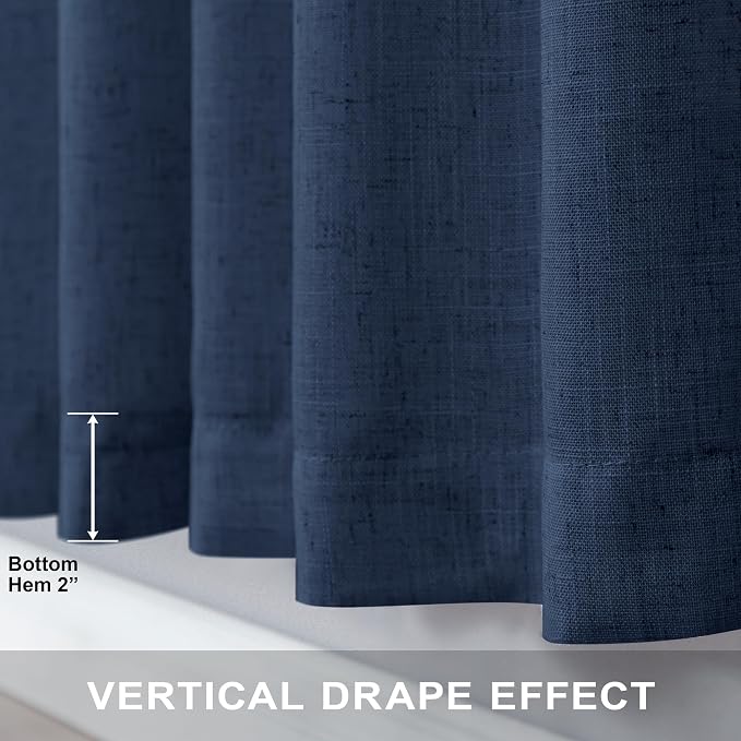Pitalk Navy Blue Curtains 90 Inches Long for Boys Bedroom 2 Panel Back Tab Loop Pocket Light Filtering Semi Privacy Sheer Dark Blue Linen Curtains for Living Room Dining Nautical Decor 52x90 Length