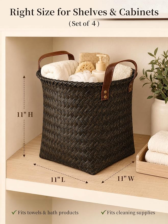 Wicker Storage Baskets, 4 Pack Woven Baskets for Shelves, Dark Gold | PP Rattan, Water-resistant Wicker Basket, Large Baskets with Faux Leather Handles for Blanket, Laundry Organizer, Room Decor