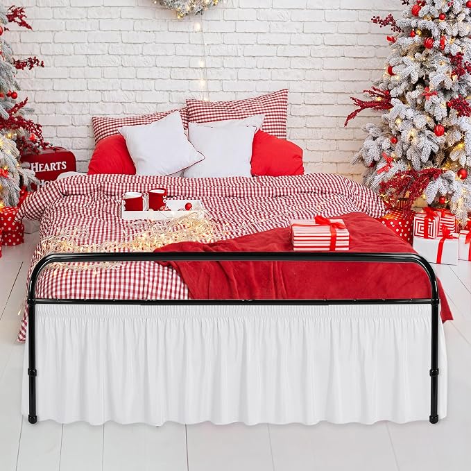 Wrap Around Full Bed Skirt Split Corners 21" Drop-Elastic Long Dust Ruffle | White Adjustable Pleated Bedskirt-Easy Fit Wrinkle Resistant Washable Bed Skirting-Hotels Apartment Guest Bedroom Bed Posts