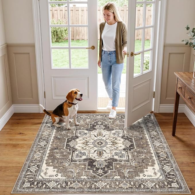 Washable 4x4 Square Area Rug: Indoor Vintage Non-Slip Kitchen Rugs with Rubber Backing for Bedroom Entryway Soft Thin Stain Resistant Carpet Home Decor Floor Mat for Dining Room Bathroom (Beige,4x4)