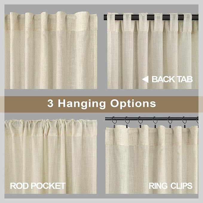 Pitalk Birch Beige Semi Sheer Linen Window Curtains 63 Inch Length 2 Panels Light Filtering Neutral Oatmeal Curtains Modern Farmhouse Back Tab Rod Pocket Pleated Drapes for Bedroom 52 x 63 Inch Long