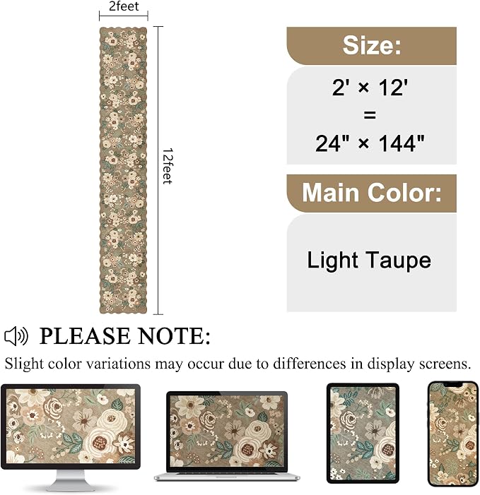 DUKINO 2x12 Washable Runner Rug, Long Runner Rug for Hallway, Light Taupe | Non Slip, Low Pile, Soft Floral Throw Rug Runner for Kitchen, Entryway, Bedroom, Bathroom, Pet Friendly, Modern Home Decor